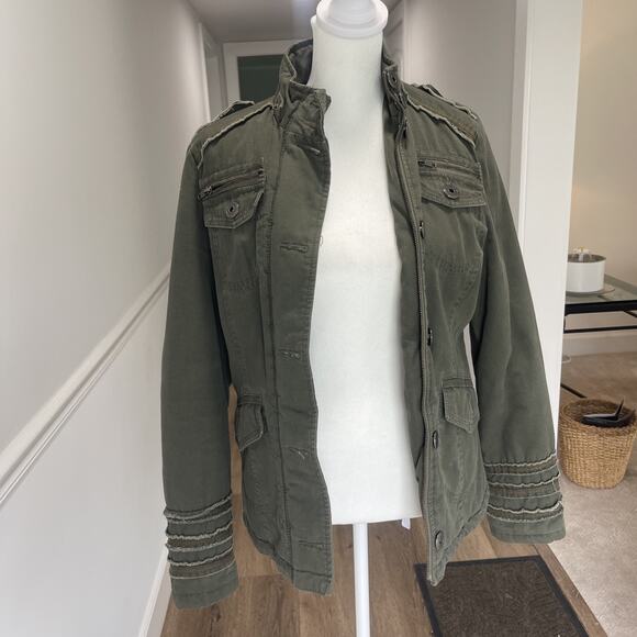 BB Dakota Sz M Military Style Jacket Green Quilted Boho Bella Mock Neck FLAW - Picture 1 of 12